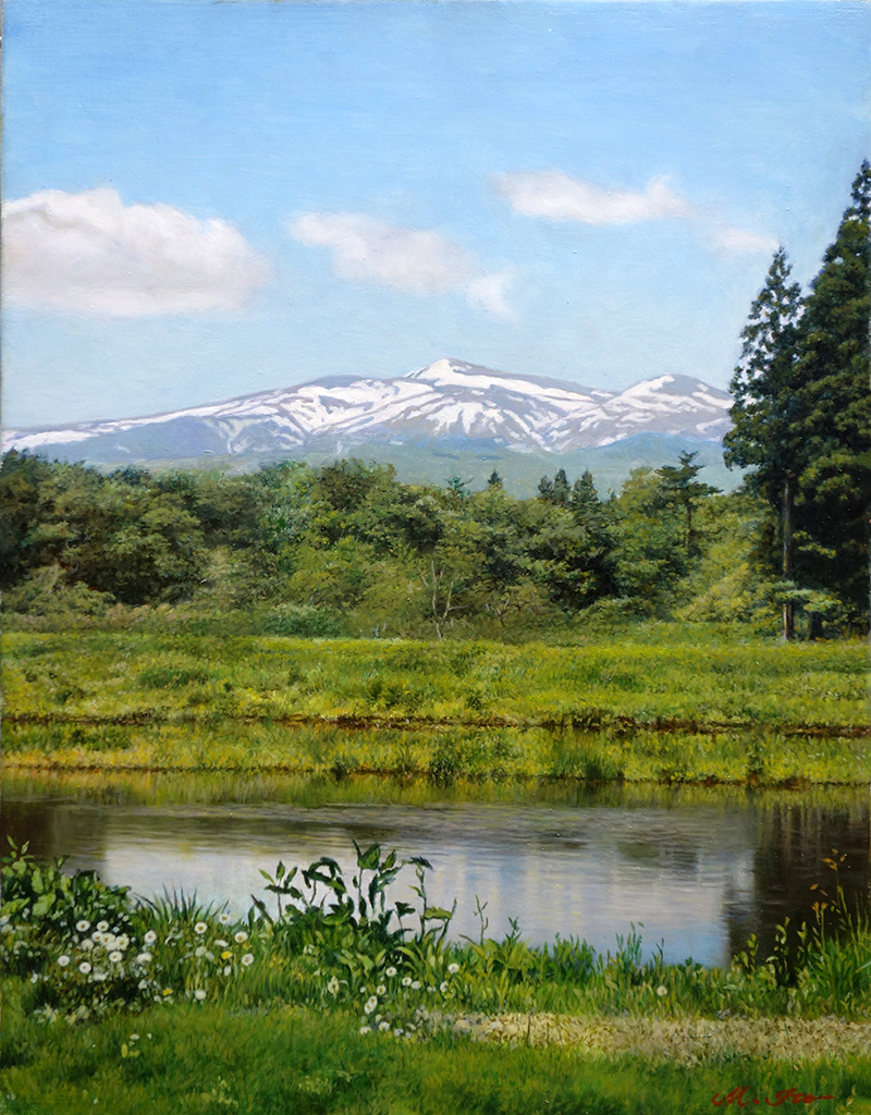 油絵 残雪の栗駒山